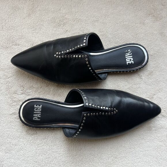 Paige Alia Black Leather Mule Slide Flats Women 7 Silver Stud Pointed Toe Casual - Picture 1 of 15